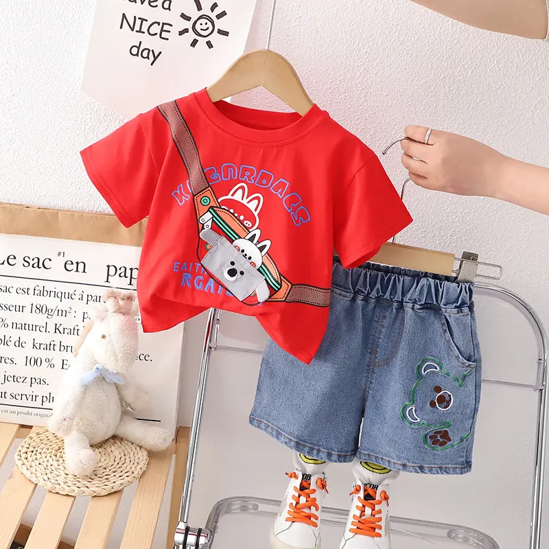 2023新しい子供のウサギのバックパック半袖スーツ韓国版男の子の赤ちゃんTシャツショーツツーピースセット1-2-3歳