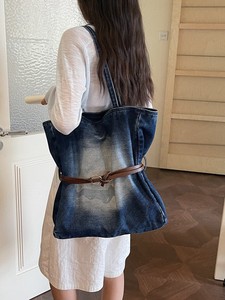 Korean Style Lazy Vintage Denim Saddle Shape Shoulder <b>Bag</b> Letter Pattern Minimalist Retro Artistic Design for <b>College</b> Students - Product Image 4