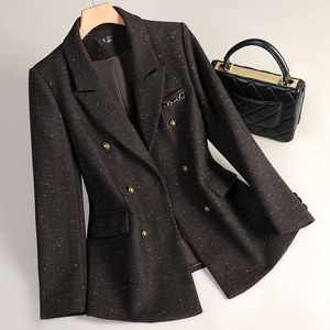 Women's Woolen Blazer Grey Dark Brown Double Breasted Anti-Wrinkle Pocket Design Autumn Winter Casual Commute Style - Product Image 2