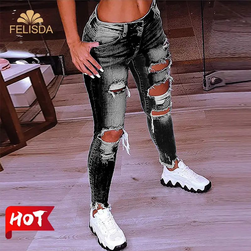 Brand Fashion Ripped Hole Stretch Trousers Full Length Pencil Pants Blue Women Jeans Low Waist Skinny Denim Jeans