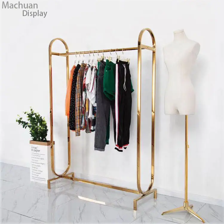 Golden women clothing store display rack gold clothes store racks for dress