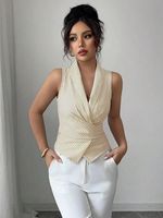 Camisa de Verano 2025 sin Mangas para Mujer, de Satén y Poliéster, Cuello Redondo, Diseño de Parches, Cintura Ajustada, Estilo Europeo Americano, Rayas, para Oficina
