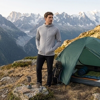 Veste à capuche zippée intégrale pour homme 100 % laine mérinos avec trous pour les pouces, poche poitrine, gris chiné, performance, durable, vêtements de sport
