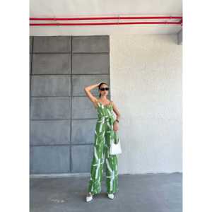 Elegante Mono Verde con Estampado Blanco, Cuello en V, Tirantes, Cintura Alta, Sin Mangas, Satinado, Ropa de Calle Moderna para Mujer, Transpirable - Product Image 5