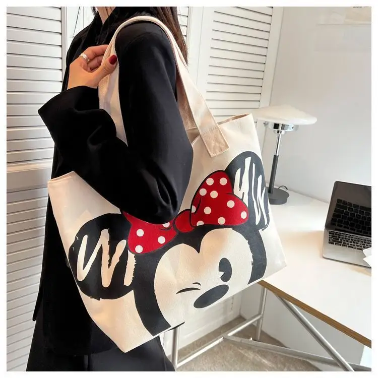 Cute Cartoon Mickey Minnie Mouse One Shoulder Hand Cross-Body Woman Large Capacity Canvas Tote Bag