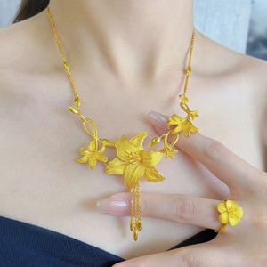 Kalung, Cincin, dan Anting Rumbai Lily Kuning untuk Pernikahan, Perhiasan Serbaguna Tiga Tingkat - Product Image 1