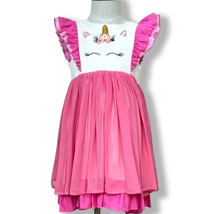 JannyBB fashion unicorn children hand embroidery clothing kids dresses for girl pink kids dresses for girls cotton froks