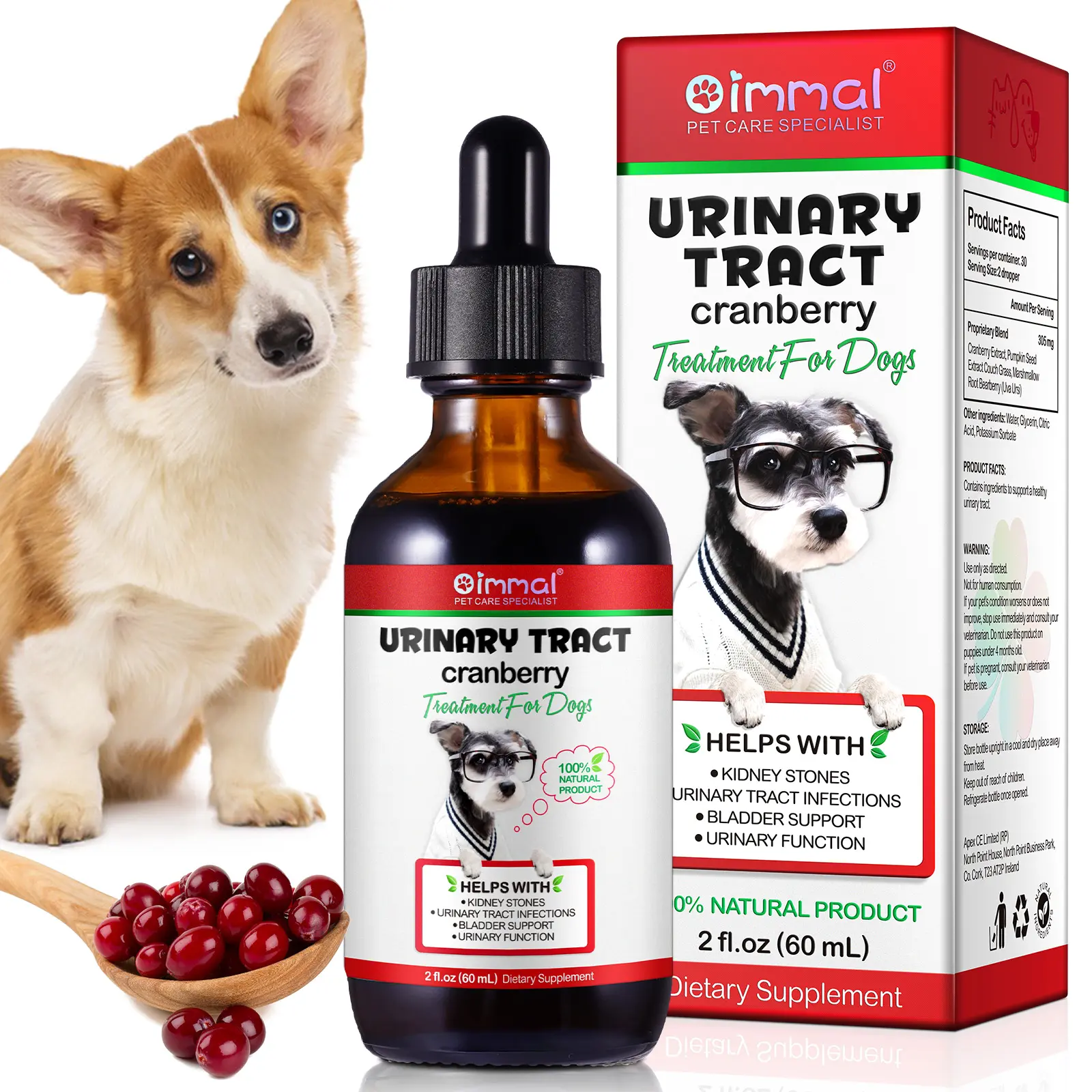 Oimmal 60ml Pet Urinary Tract Infection Treatment Bladder Support Cranberry Liquid Urinary Tract Drops Supplement for Dogs