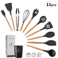 11 pièces en 1 ensemble d'accessoires de cuisine en silicone, ustensiles de cuisine, ustensiles de cuisine en silicone avec poignées en bois