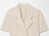 Blazer court décontracté pour femme, couleur beige, col cranté, bouton unique, bordure en dentelle, manches courtes, tendance