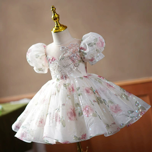 बुटीक गुलाबी पुष्प प्रिंट राजकुमारी लड़कियों के फ्फी कपड़े बच्चों की शादी के कपड़े लड़कियों पार्टी प्रोम गाउन 1 से 14 साल - Product Image 2