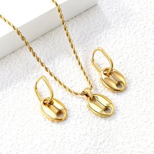 Ensemble collier et boucles d'oreilles en acier inoxydable pour femmes, motif grain de café, bijoux ovales tendance, plaqué or 18 carats, cadeau - Product Image 1