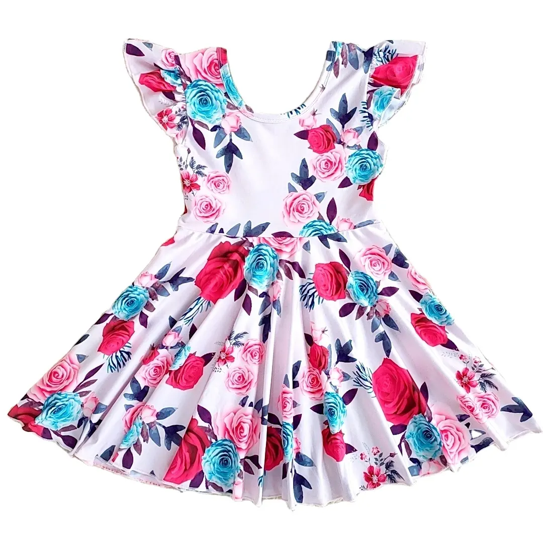 RTS Boutique children's clothing milk silk fabric baby girl Princess Flower dress patterns sleeve dress