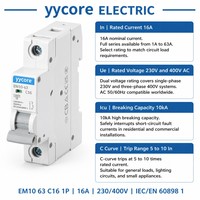 Disjoncteur miniature Yycore YYCEM10-63 C16 1P AC 16A 230/400V 10kA Courbe C IEC/EN 60898-1 CB CE UKCA