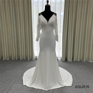 Robes de mariée lisses de sirène d'épaule russe de satin de manches longues de dos blanc avec la manche - Product Image 3