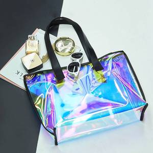 Custom logo clear Ladies Shopping <strong>Bag</strong> Shiny Metallic Laser Pvc Tote Shoulder Handbag Women Holographic Transparent TPU Beach <strong>Bag</strong> - Product Image 2