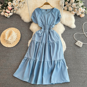 Robe d'été à col plissé de Style doux français Tunique vintage Robe midi plissée pour femmes Robe en dentelle <span class=keywords><strong>Empire</strong></span> avec motif solide - Product Image 5