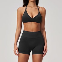 Ensemble de sport sans couture 2 pièces pour femme, soutien-gorge de sport à col en V + short cycliste taille haute effet push-up