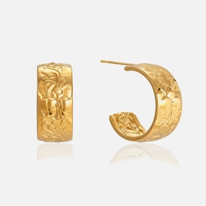 Bijoux de créateur vintage, boucles <span class=keywords><strong>d</strong></span>'oreilles créoles texturées gravées de fleurs, boucles <span class=keywords><strong>d</strong></span>'oreilles créoles dorées pour femmes - Product Image 1