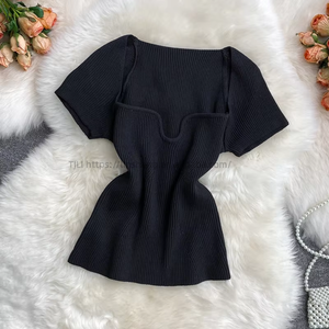 Women's Short Sleeve Square Neck Knit <b>Top</b> Short T-Shirt Fashion - Product Image 4