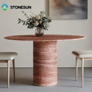StoneSun <span class=keywords><strong>Table</strong></span> de salle à manger ronde élégante en travertin rouge Pied cylindrique Pierre de marbre en travertin rouge pour <span class=keywords><strong>table</strong></span> de cuisine - Product Image 5