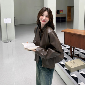 Maillard Coffee-Brown Solid <strong>Petite</strong> Leather Womens 2025 Autumn New Arrival High-End Street-Style <strong>Biker</strong> <strong>Jacket</strong> Shorter Frames - Product Image 3