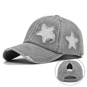 New Style Distressed Plain Design Ponytail Baseball Cap Featuring a Glittery Five Pointed Star and Washed Vintage Finish <b>Hat</b> - Product Image 6