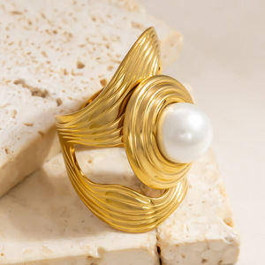 Pearl <b>Ring</b> 18K <b>Gold</b> Plated Geometric Design Bezel <b>Set</b> For Everyday Wear Unisex Jewelry Index Finger Style - Product Image 2