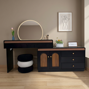 Modern Black Wood Makeup <b>Vanity</b> with Lighted Round <b>Mirror</b> and Storage Drawers for Bedroom Furniture - Product Image 2
