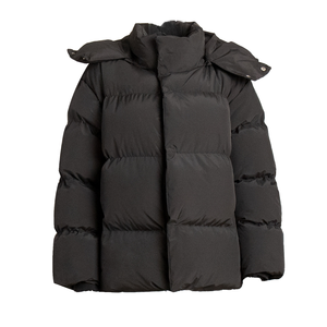 Abrigo acolchado corto de invierno para mujer con capucha, cremallera, ajuste holgado y estilo baggy, con logo personalizado, tejido liso teñido - Product Image 1