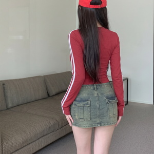 Custom Logo Slim Fit Long Sleeve T <b>Shirt</b> TKAN7718 Wholesale Striped Crop Top Vintage Sporty Racing Jersey Cotton Women Clothing - Product Image 3