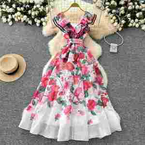 Vestido Midi Casual de Verano para Mujer, Cuello en V, Sin Mangas, Silueta en A, Estampado Digital, Poliéster/Algodón, Cintura Imperio - Product Image 3