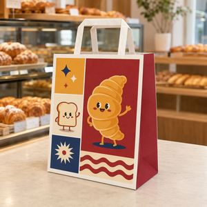 Sacs en papier personnalisés pour boulangerie avec poignées plates, imprimés en couleur, pour pain, gâteaux, emballages alimentaires à emporter, sacs recyclables - Product Image 2