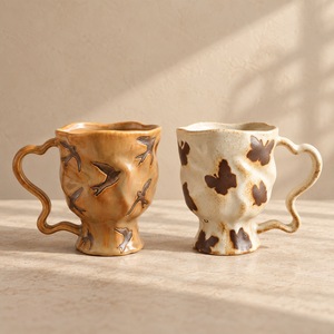 Vintage Tan Ceramic Coffee Mug Swallow Pattern Wavy Handle Heat Resistant Stoneware Tea Cup - Product Image 2