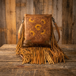 Borsa a Tracolla Western in Pelle di Vacchetta di Alta Qualità con Girasole Intagliato a Mano, Nappa Lunga e Cerniera, Design Bohemien Personalizzato - Product Image 2