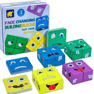 Thiết kế mới bằng gỗ trẻ em giáo dục sớm vui vẻ thay đổi khuôn mặt biểu hiện 3D Câu Đố khối xây dựng so với đồ chơi giáo dục