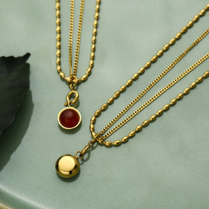 American Retro Gold Rice Bead Double-layer Necklace Natural Stone Agate Pendant Clavicle Chain <b>Titanium</b> Steel Plating 18K Gold - Product Image 3
