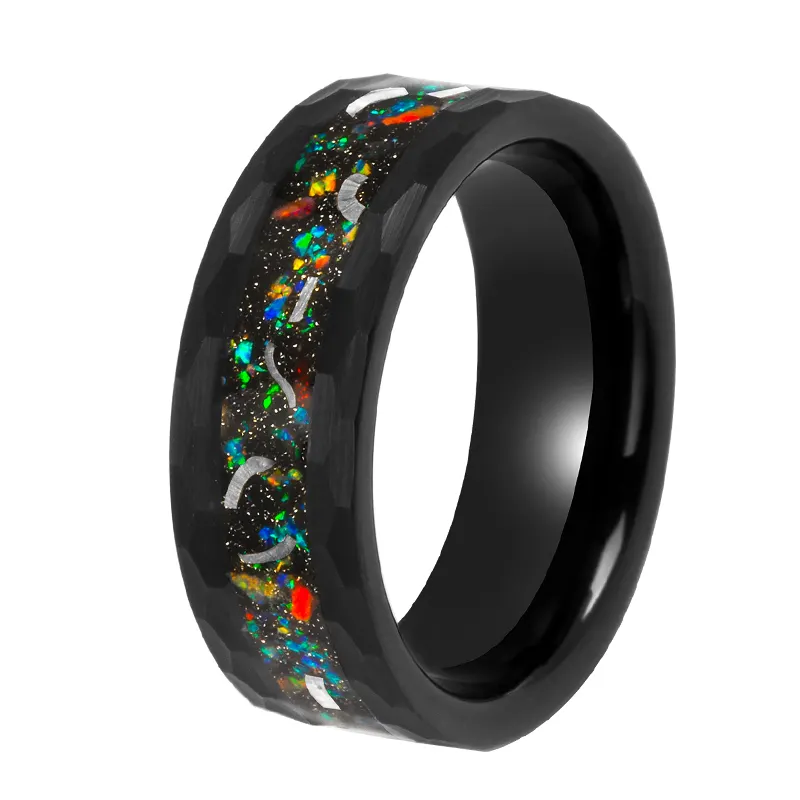 Hot sale black plating groove opal crushed men tungsten carbide engagement rings jewelry