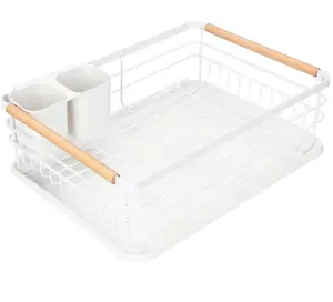Stainless Steel Dish Rack Kitchen Dish Drainer Cup And White Dish Organizer With Wood Handle