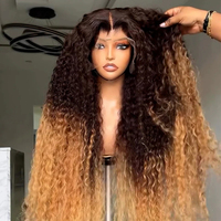 Perruque bouclée en cheveux humains brun foncé blond miel, pré-colorée, avec dentelle HD transparente, sans colle, pour femme