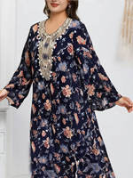 Robe longue élégante imprimée à col en V, style musulman, pour l'été, grande taille, tendance
