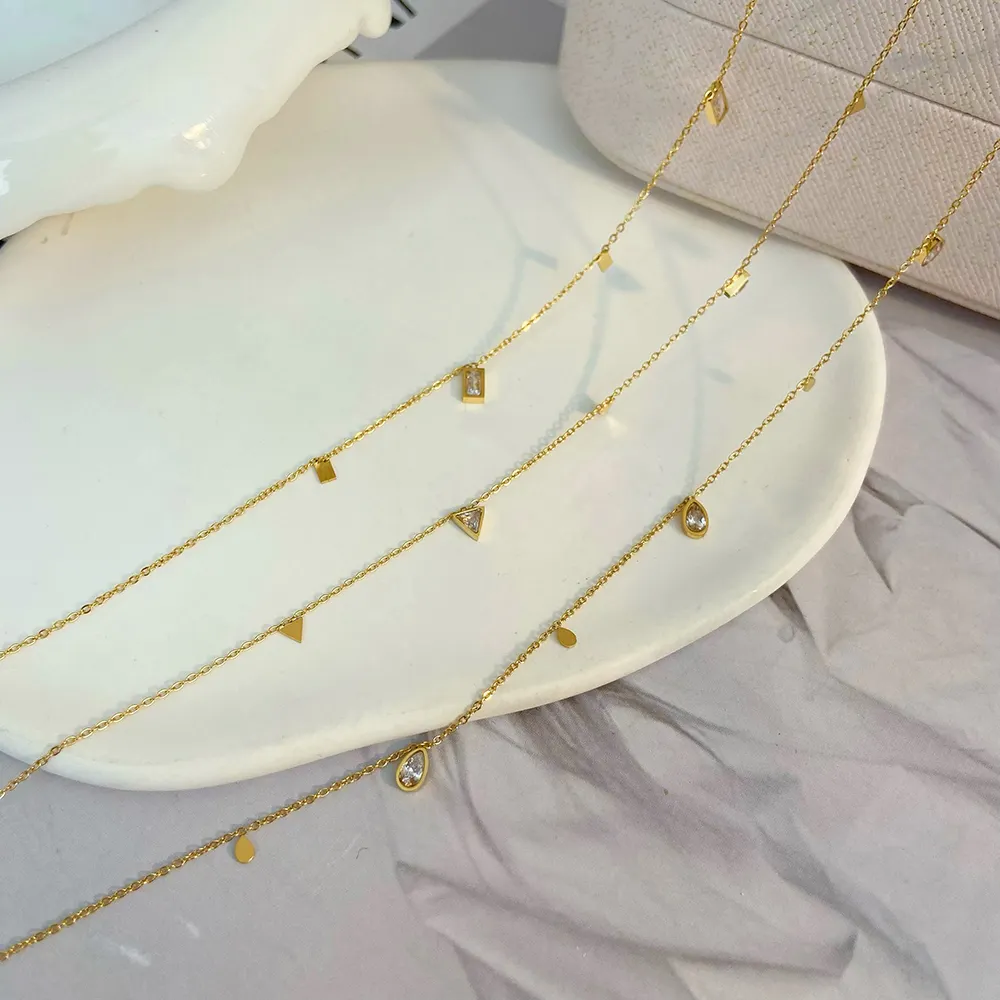 18k Gold Plated Stainless Steel Jewelry Water Drop Square Triangular Zircon Tassel Titanium Steel Necklace Women