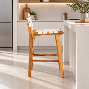 Tabouret de bar moderne en bois avec assise et dossier en tissu tissé blanc, design scandinave pour la maison, salle à manger, usage intérieur - Product Image 1
