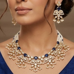 Traditional Blue Stone Kundan Necklace Gold Bridal Jewelry with Earrings Diamond Accents for Women Wedding Jewelry - Product Image 5