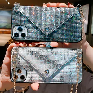 OEM Luxury Glitter Diamond Wallet Cards Crossbody Holder custodie per telefono Cover con cinturino a catena per iPhone 14 13 12 11 Pro Max XS XR