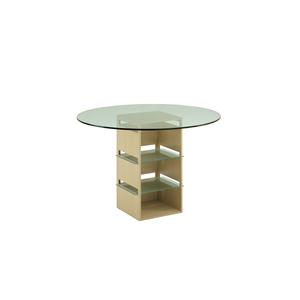 Table à manger ronde moderne en verre de 120 cm avec plateau en verre et base en bois et étagères en verre - Product Image 1