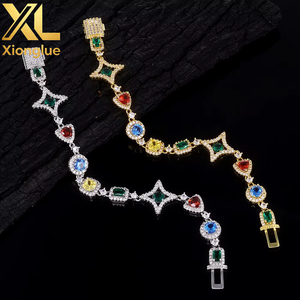 Colorful Gemstone Brilliant Cut Hiphop Fashion Trendy Sparkling <b>Copper</b> Alloy Zircon Star Square Charm Link Chain Unisex <b>Bangle</b> - Product Image 4
