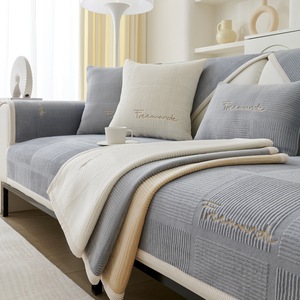 Moderno Simple Otoño Invierno Color sólido felpa bordado sofá cojines blanco <span class=keywords><strong>gris</strong></span> suave grueso antideslizante rayas sofá cubre - Product Image 1