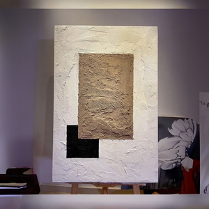 Quadro Verticale Wabi Sabi 3D con Texture in Gesso, Arte Astratta Geometrica <span class=keywords><strong>Art</strong></span> Déco, Pittura a Olio su Tela Bianco Sporco, Taupe e Nero, con Cornice in Legno - Product Image 2