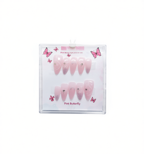 Unghie finte rosa a forma di farfalla, lunghezza media, con strass acrilici, 10 pezzi per nail art. - Product Image 1